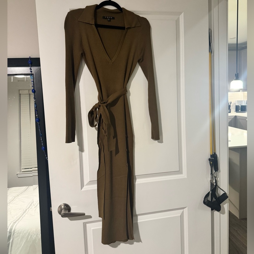 FORE Collection Ribbed Knit Belted Midi Sweater Dress — Size M